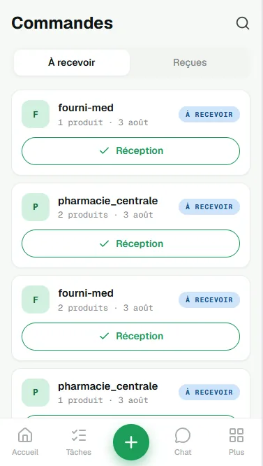 Commandes fournisseurs, avec leur liste de produits et la date de livraison attendue.