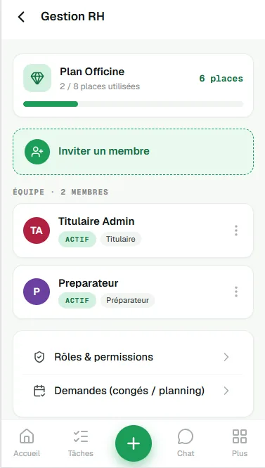 Gestion RH : membres de l'équipe, quota de places et accès aux rôles et permissions.