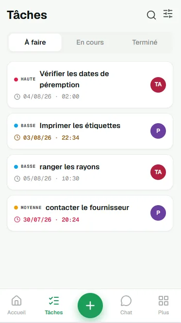 Liste des tâches de l'officine, avec leur responsable et leur échéance.
